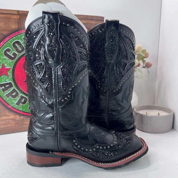 Laredo Eternity Studded Glitter Square Toe Cowboy Boot Black 5970 Women 7.5 NWB - Picture 4 of 11